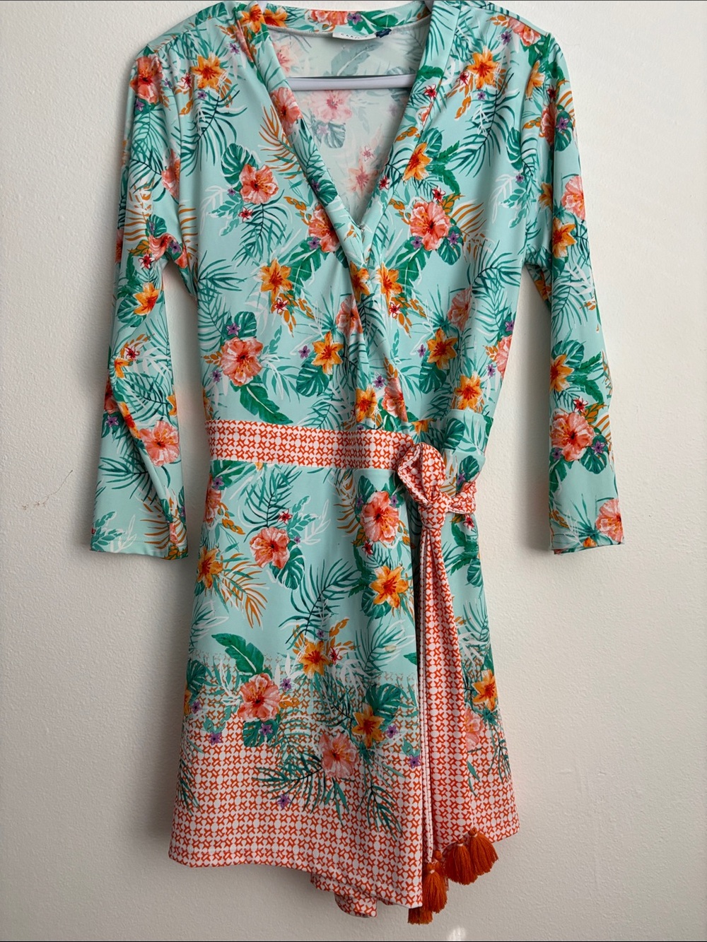 Tropical Cabana Life Cayman Wrap Romper Sun Protective Mint & Coral Size Medium